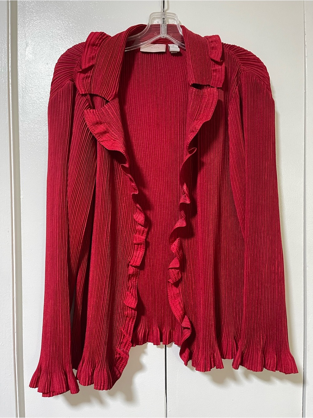 Vintage Chico's Red Ruffle-Trim Open Front Cardigan